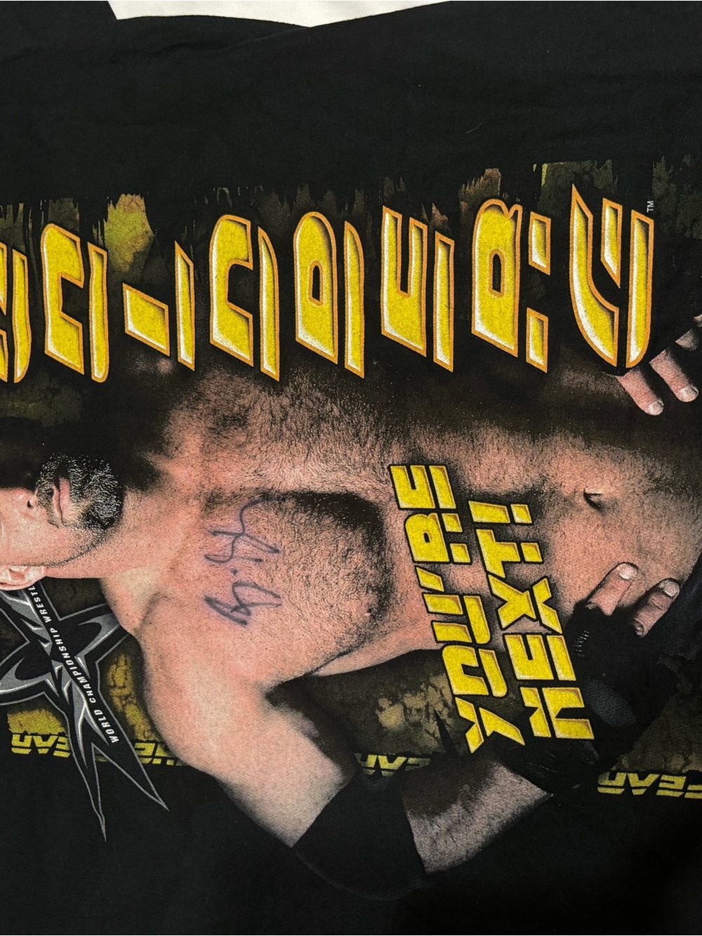 Autographed Goldberg Men's Black Graphic Wrestling Tee with Yellow Print